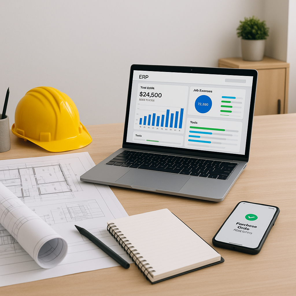 A small construction contractor's office desk with blueprints, a laptop showing an ERP dashboard, and a mobile phone wit...