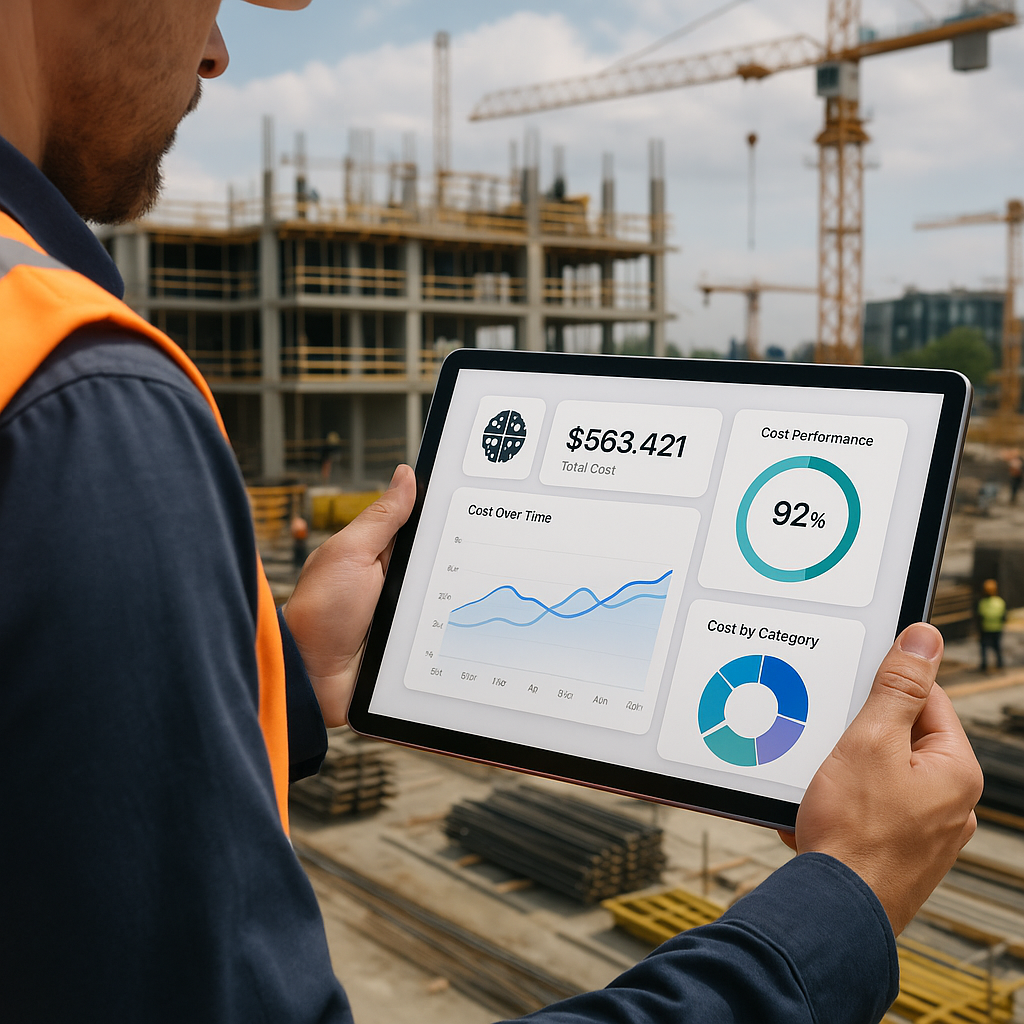 An AI-powered construction site dashboard displaying real-time cost tracking metrics on a tablet held by a contractor, w...