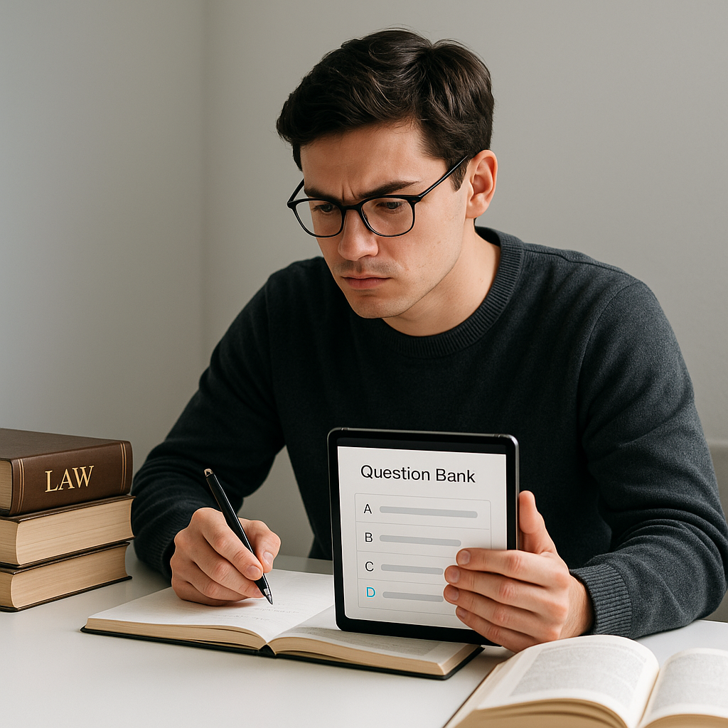 A focused law student in a minimalist study environment, surrounded by books, with a tablet displaying a question bank....