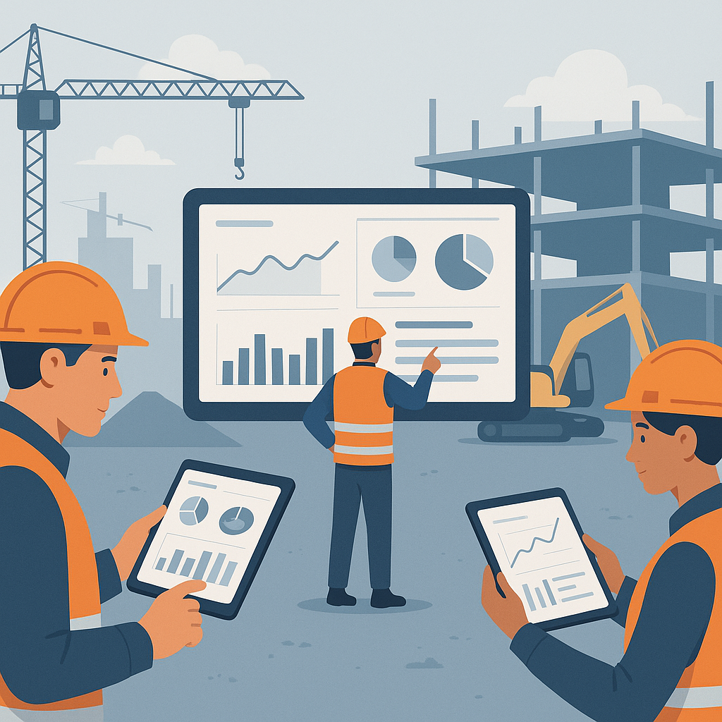 An illustration of a construction site with workers using tablets and screens displaying real-time dashboards, emphasizi...