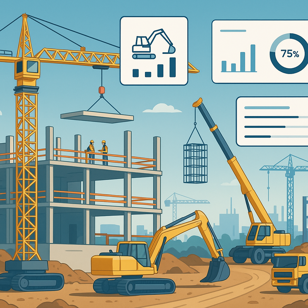 A detailed illustration of a construction site with interconnected digital dashboards overlaying real-time data on costs...