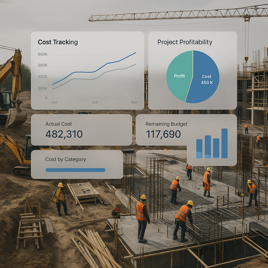 A busy construction site with multiple workers and machinery, overlaid with a transparent digital dashboard showing real...