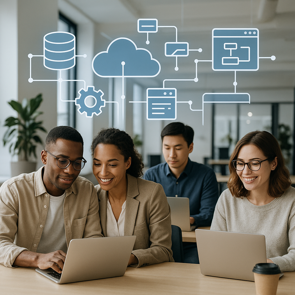 A modern office environment with diverse professionals collaborating on laptops, with abstract visuals of interconnected...