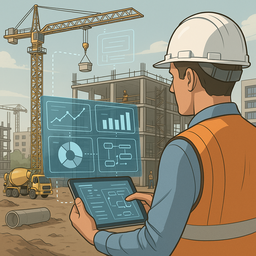A detailed illustration of a construction site with a digital overlay showing real-time dashboards and workflows on a ta...