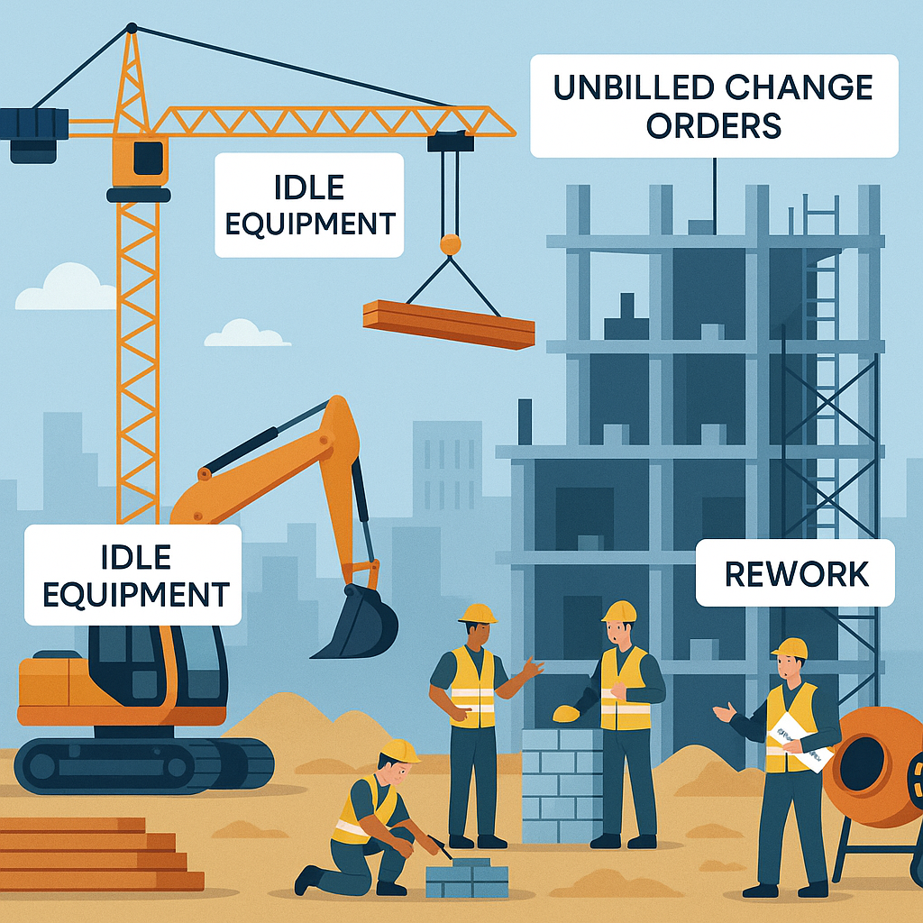 A detailed illustration of a construction site with a crane, workers, and equipment, overlaid with labels for hidden cos...