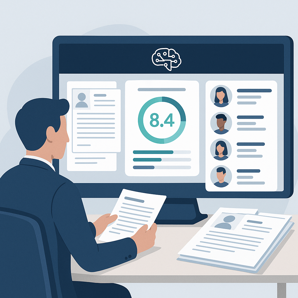 An AI-powered dashboard analyzing a stack of resumes, with a clear candidate scorecard and a hiring manager reviewing re...