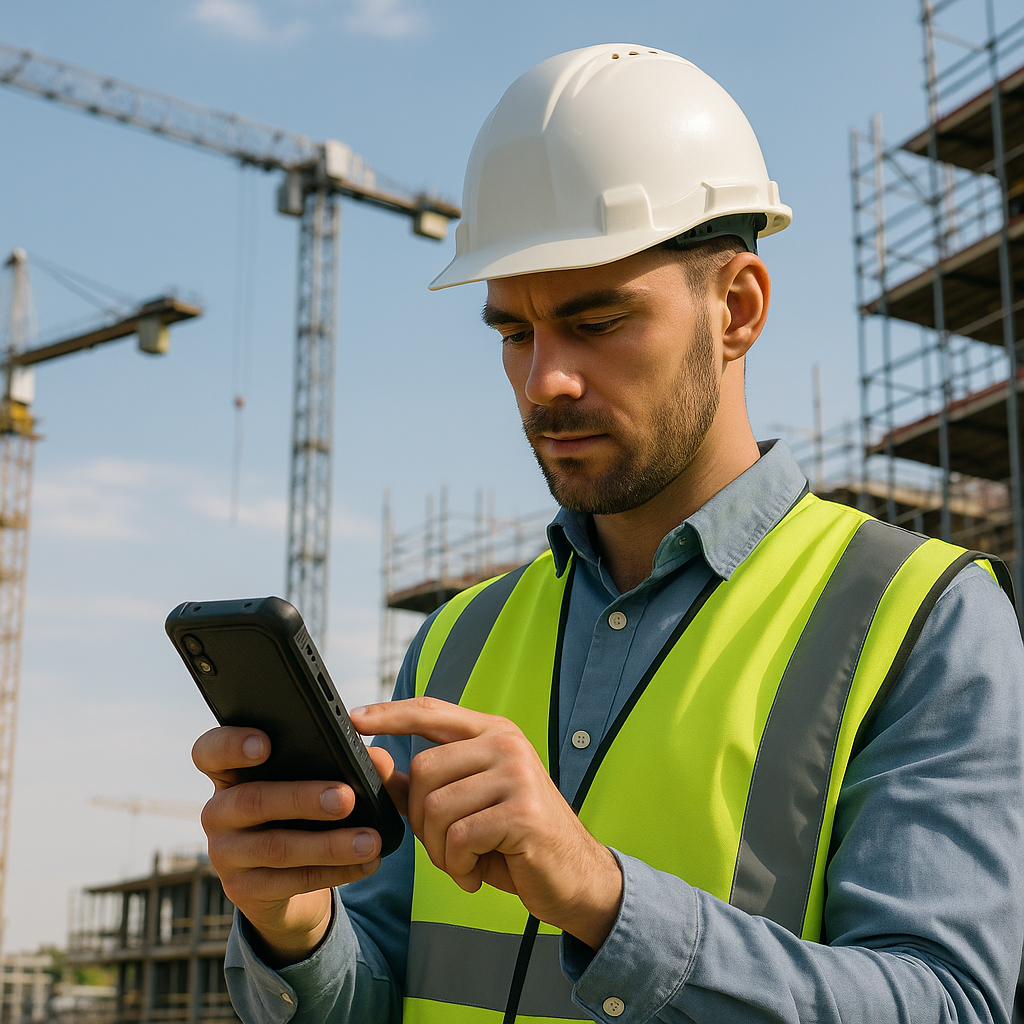 A contractor on a construction site using a mobile app on their rugged smartphone, with cranes and scaffolding in the ba...