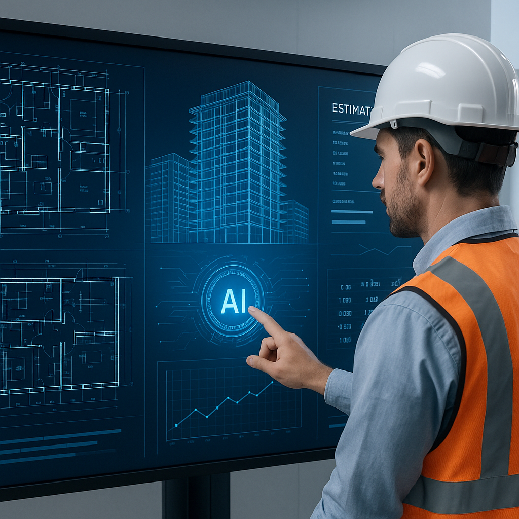 A construction estimator using a futuristic AI-powered estimation tool on a large touchscreen, with blueprints and 3D bu...