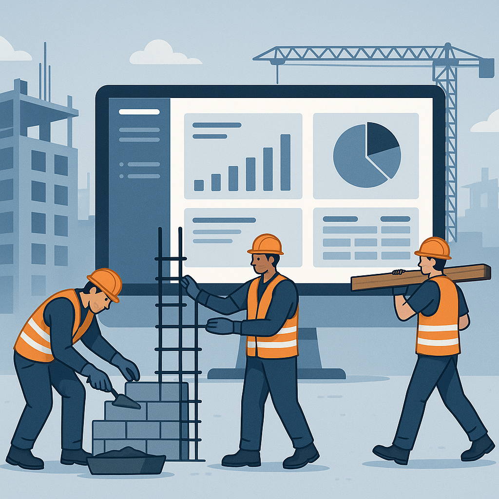 A detailed illustration showing construction workers on a site with a computer screen displaying ERP dashboards in the b...