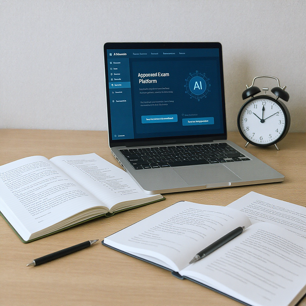 A clean desk setup with open study notes, a laptop showing an AI-powered exam prep platform, and a timer in the corner,...