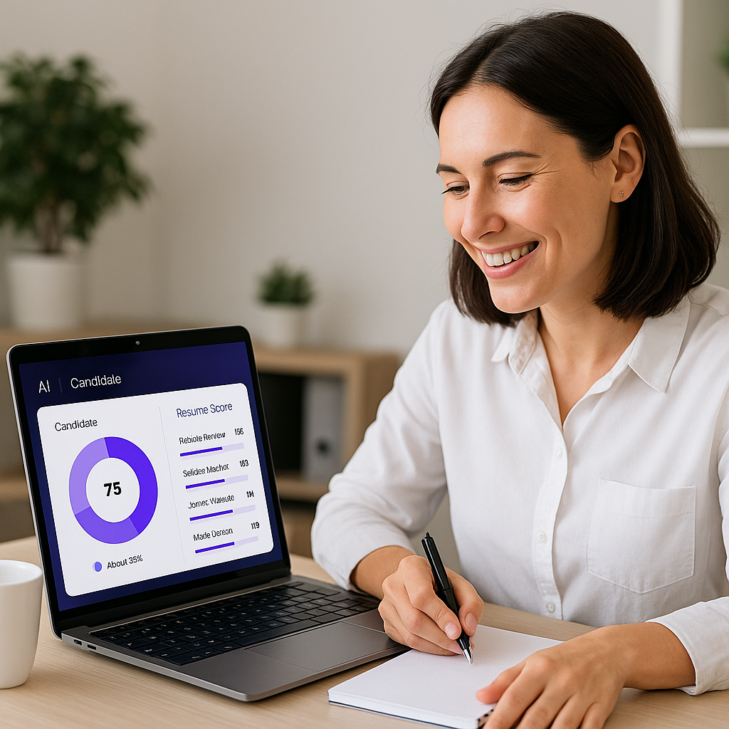 An AI-powered dashboard on a laptop screen showing candidate resume scores, with a recruiter sitting at a desk, smiling...