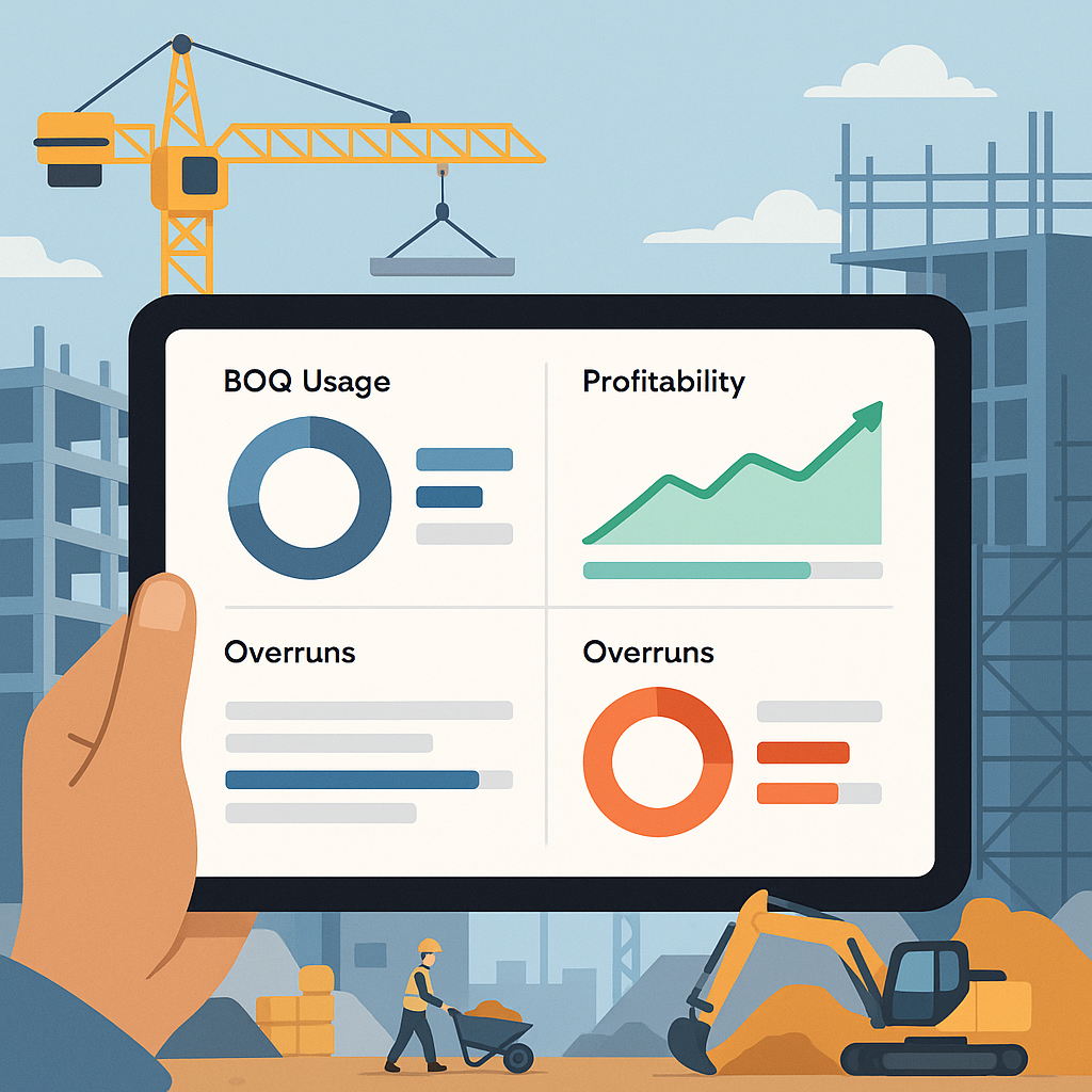 An illustration showing a construction project dashboard on a tablet, with metrics like 'BOQ Usage', 'Profitability', an...