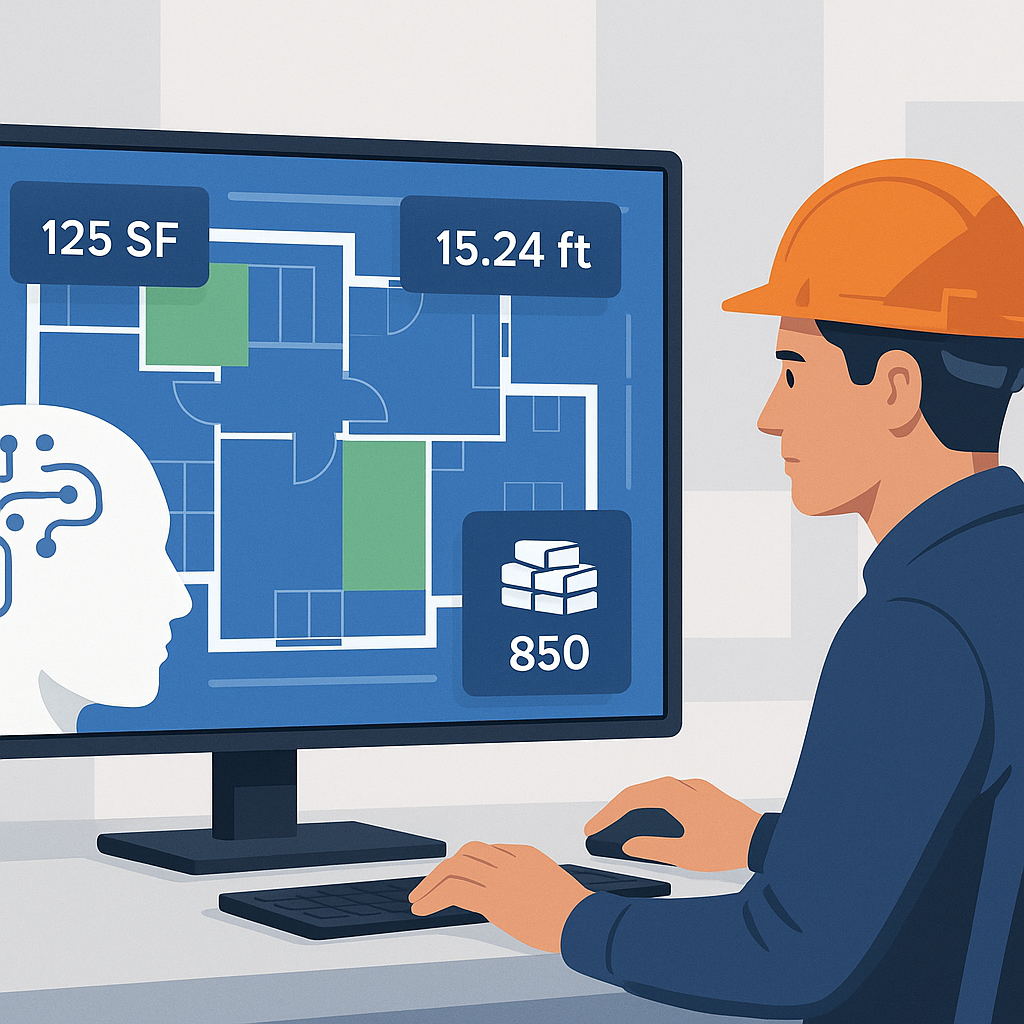 An AI-powered construction estimator analyzing a digital blueprint on a sleek computer screen, with highlighted sections...