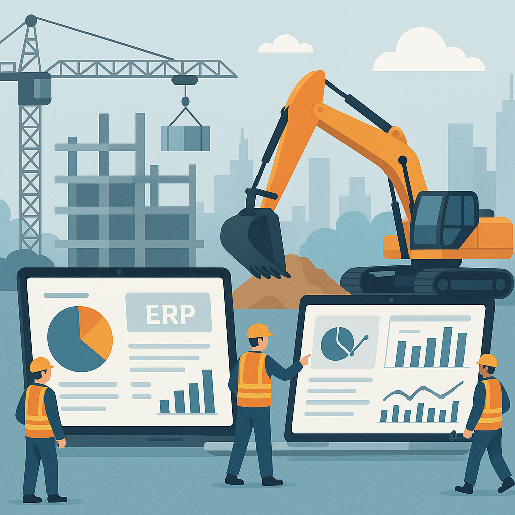 An illustration of a construction site with workers, machinery, and laptops showing ERP dashboards, emphasizing digital...