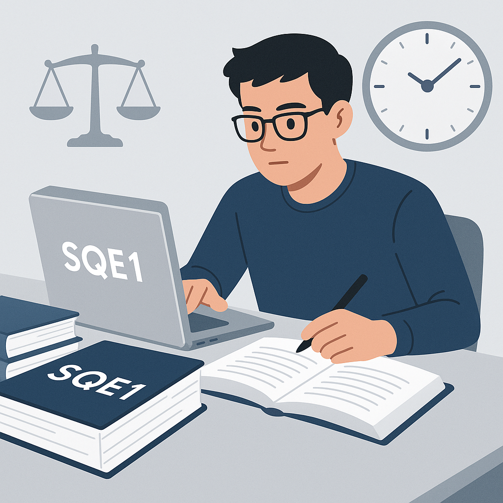 An illustration of a focused law student sitting at a desk with SQE1 study materials, a laptop displaying analytics, and...