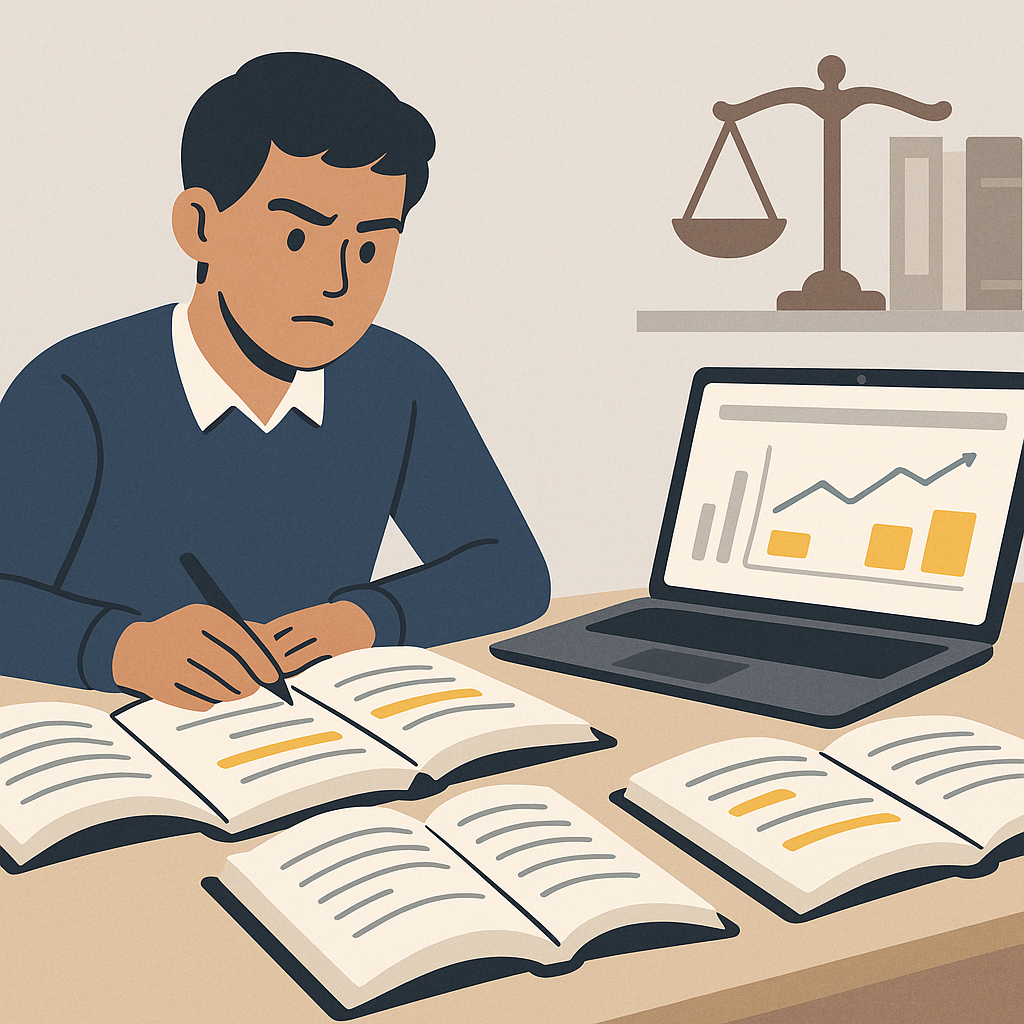 An illustration of a law student at a desk with a focused expression, surrounded by open books, a laptop showing an anal...
