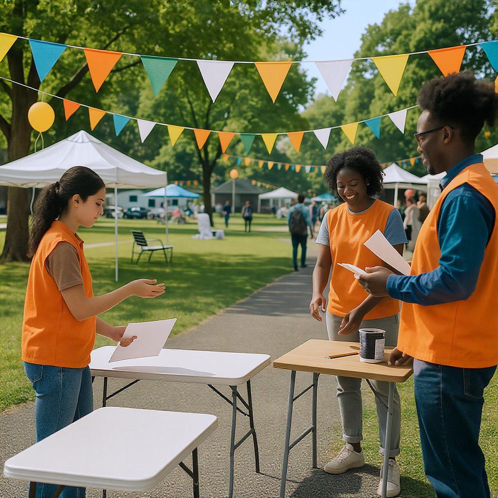 A diverse group of volunteers setting up a small community event in a local park, with simple but colorful decorations,...