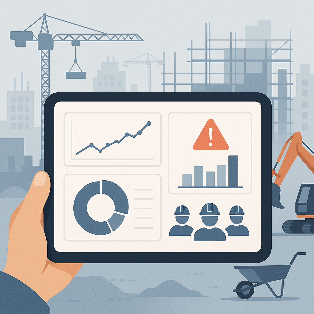 A detailed illustration of a construction site dashboard on a tablet, showing real-time cost tracking charts, BOQ compli...