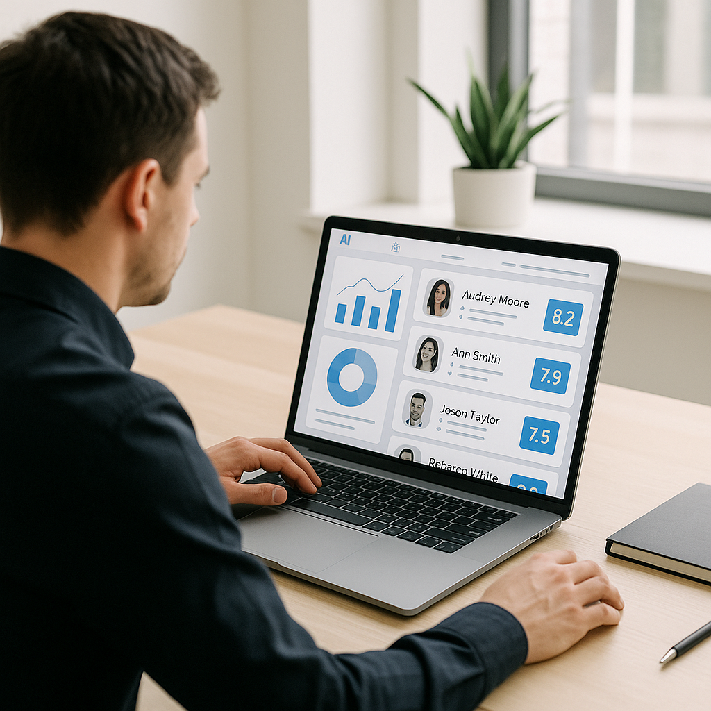A recruiter using a modern AI-powered dashboard, with charts and candidate profile cards. The scene is in a brightly lit...
