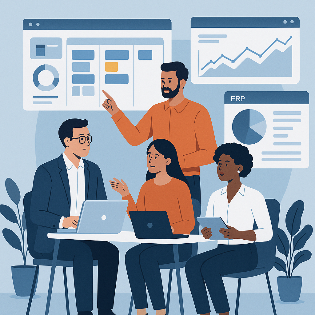 A professional illustration of a diverse team in an office setting, surrounded by digital screens showing project manage...