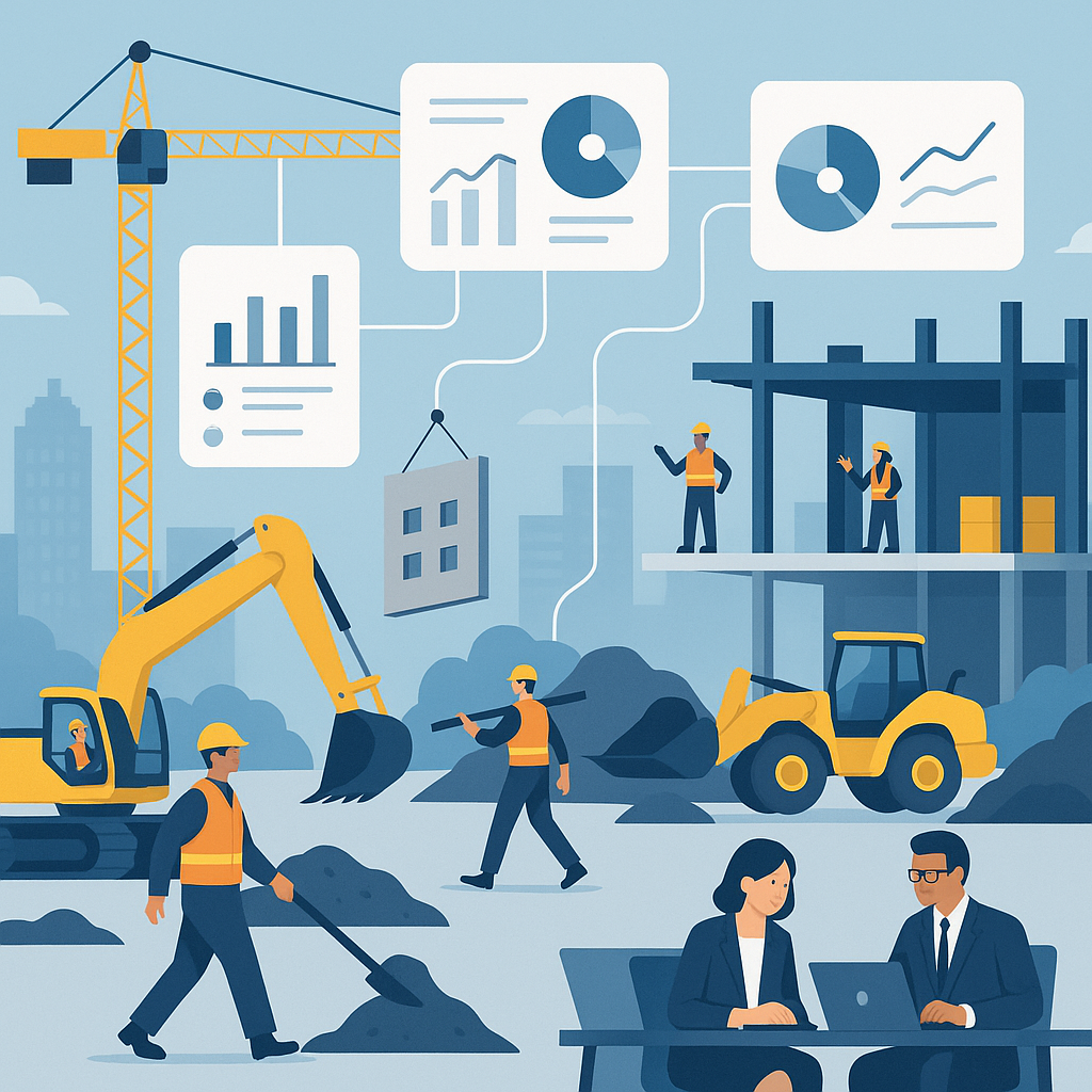 An illustration of a construction site with multiple layers of activity: workers, machinery, and office teams connected...