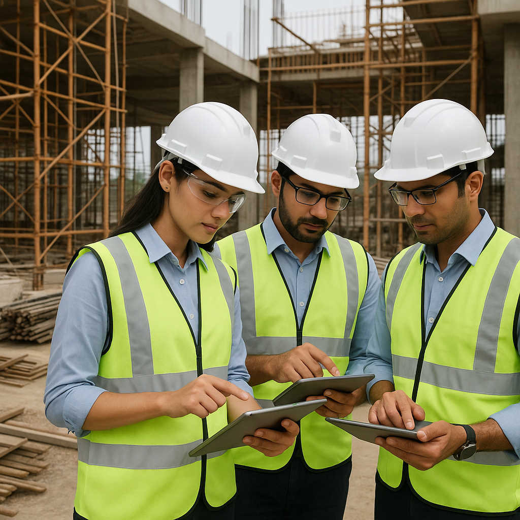 An Indian construction site with engineers reviewing real-time project data on tablets, surrounded by scaffolding and ma...
