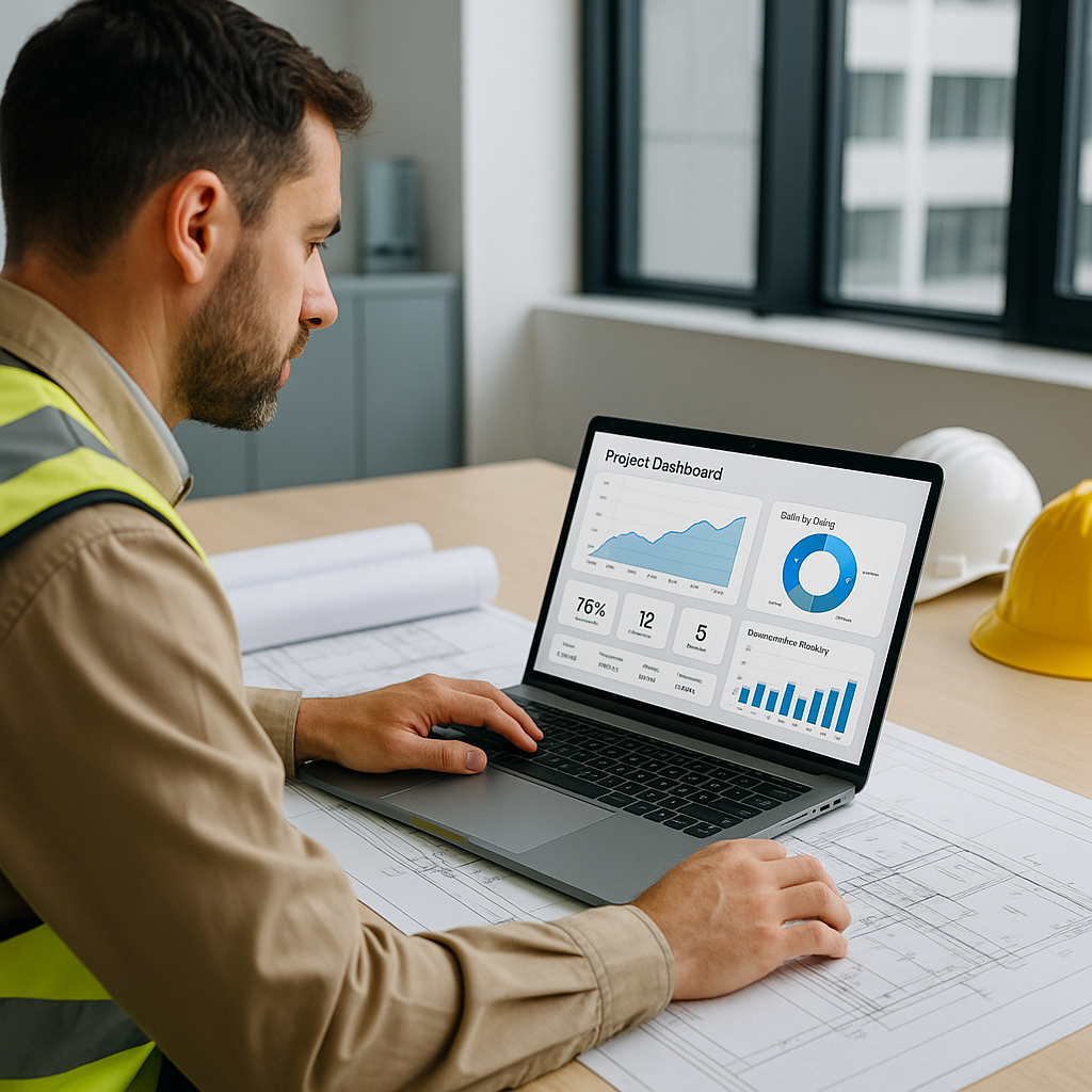 A contractor in an office reviewing a real-time project dashboard on a laptop, with charts and data, surrounded by bluep...