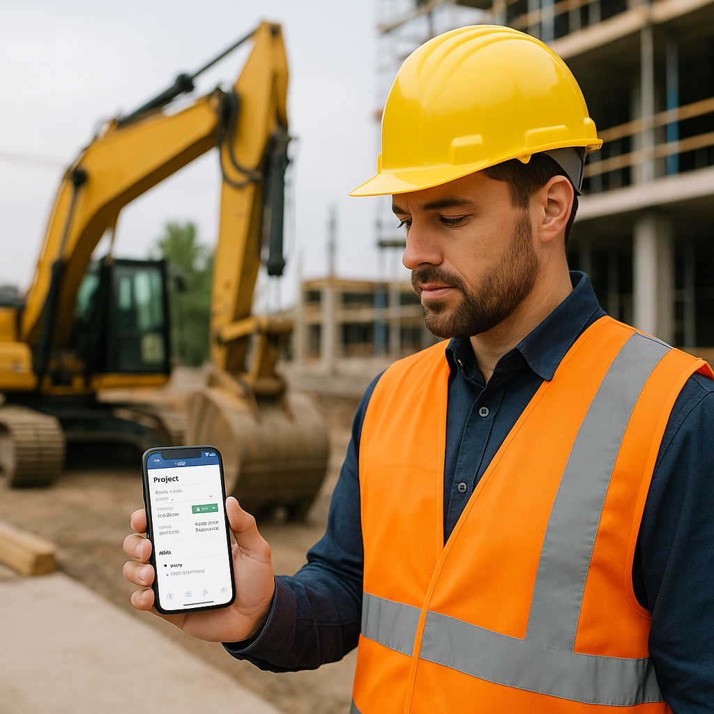 A contractor on-site holding a smartphone with a visible app interface showing project details, surrounded by constructi...