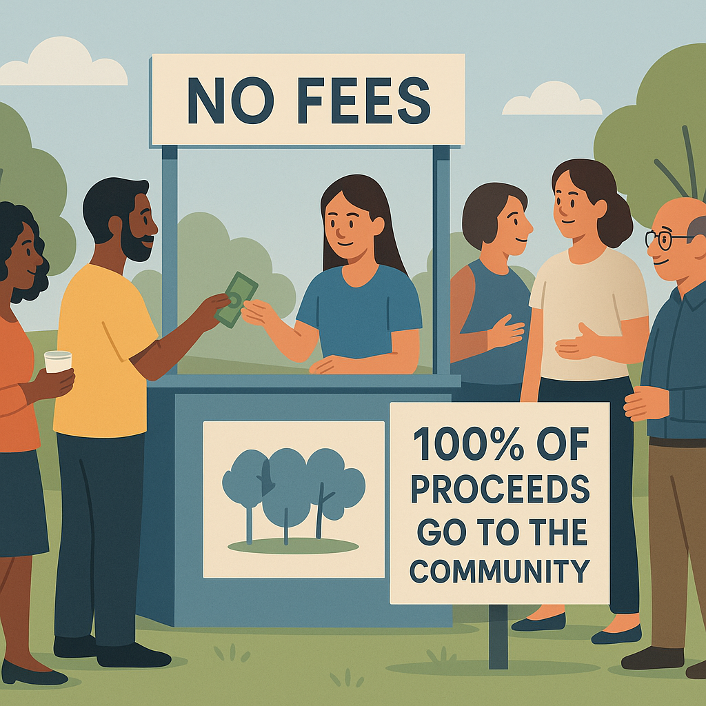 A small community fundraiser event with diverse attendees, a ticket booth labeled 'No Fees', and a visible sign showing...