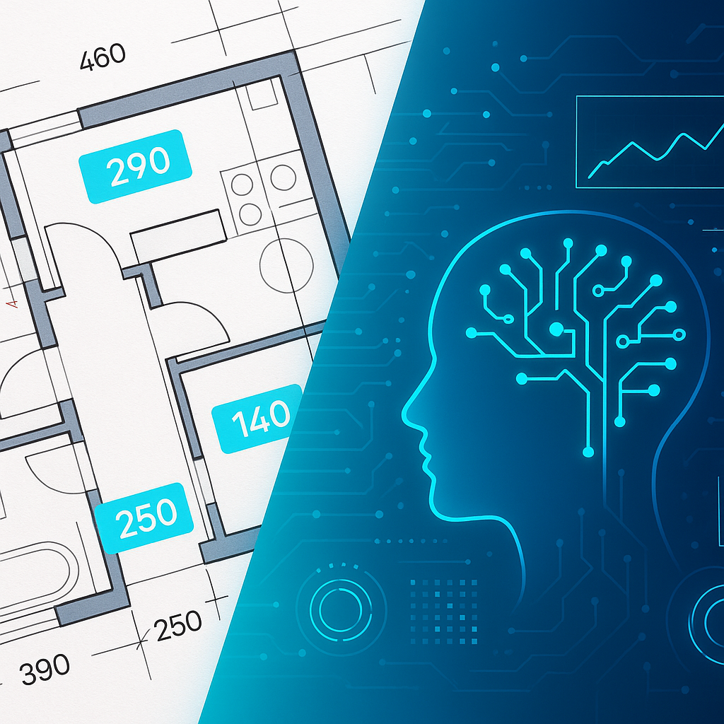 An architectural drawing with highlighted measurements overlaid, alongside a futuristic AI interface analyzing the data....