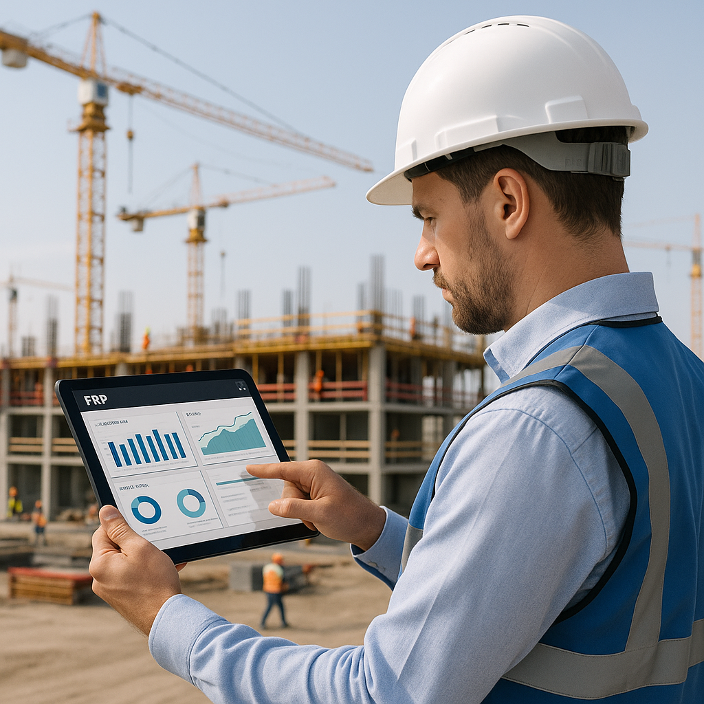 A construction site manager reviewing a real-time ERP dashboard on a tablet, with cranes and workers in the background.