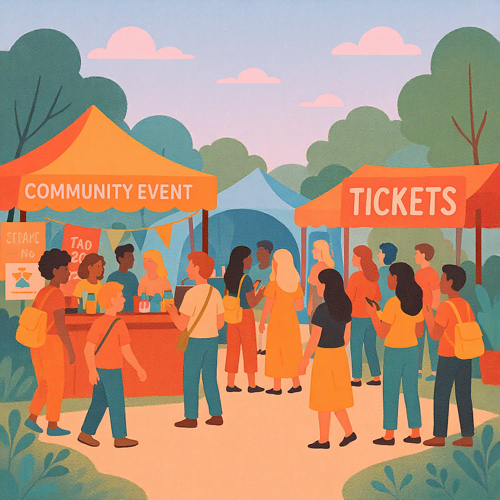 An illustration of a small community event (e.g., a cultural festival or local arts workshop) with diverse attendees, ti...