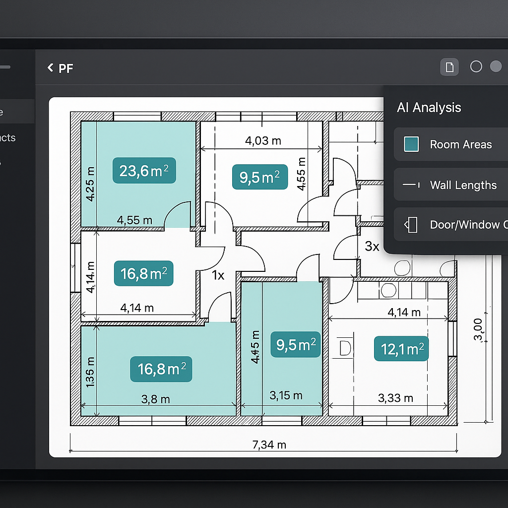 An AI-powered software interface analyzing a construction PDF drawing with highlighted measurements (room areas, wall le...