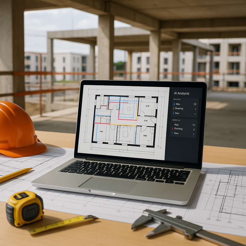 A realistic contractor's workstation with a laptop screen showing AI-powered construction drawing analysis software. Inc...