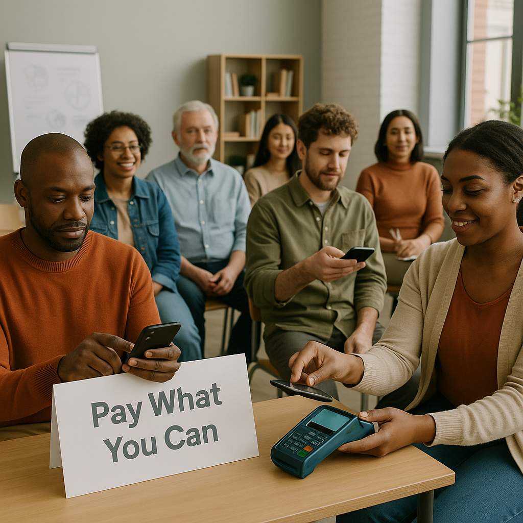 A community workshop setting with diverse attendees paying for tickets on a tablet or phone, showcasing inclusivity with...