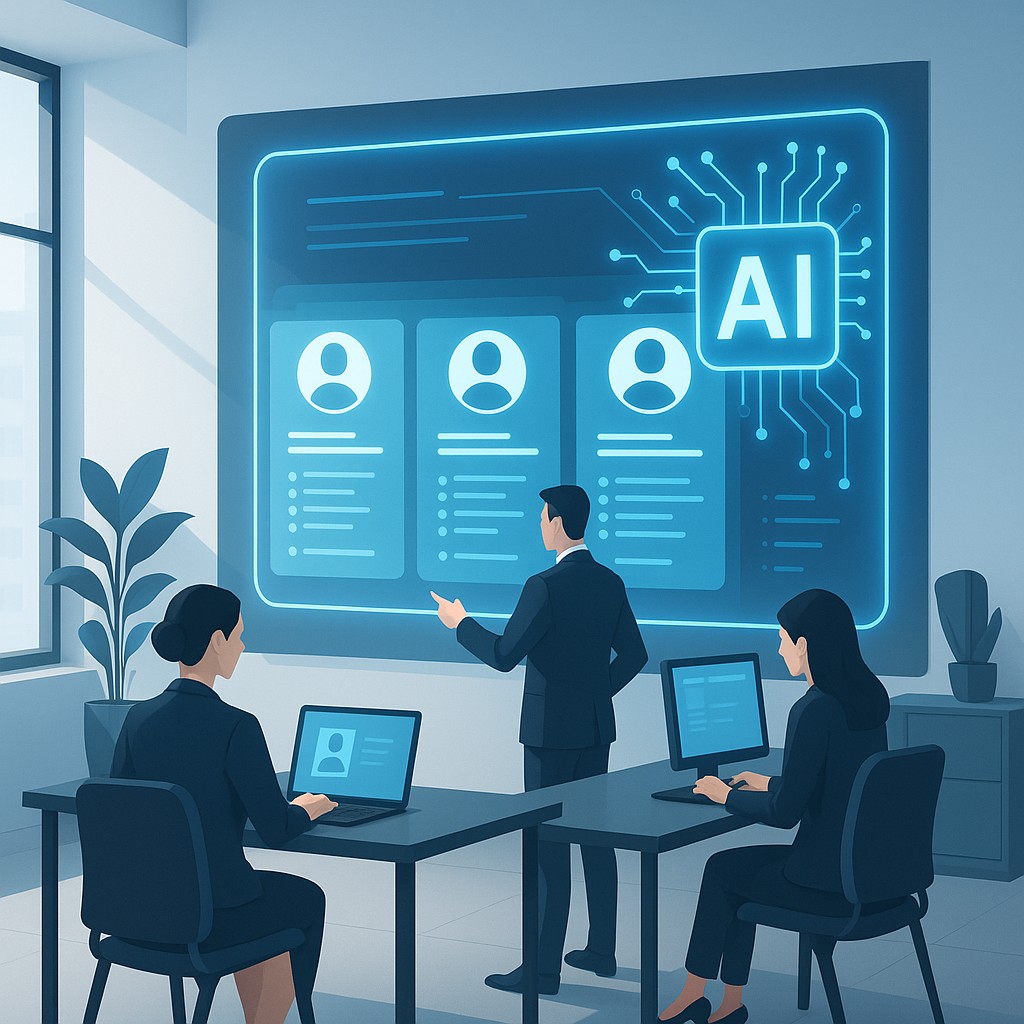 A sleek, modern office scene with a glowing AI interface analyzing resumes on a large screen, surrounded by recruiters w...