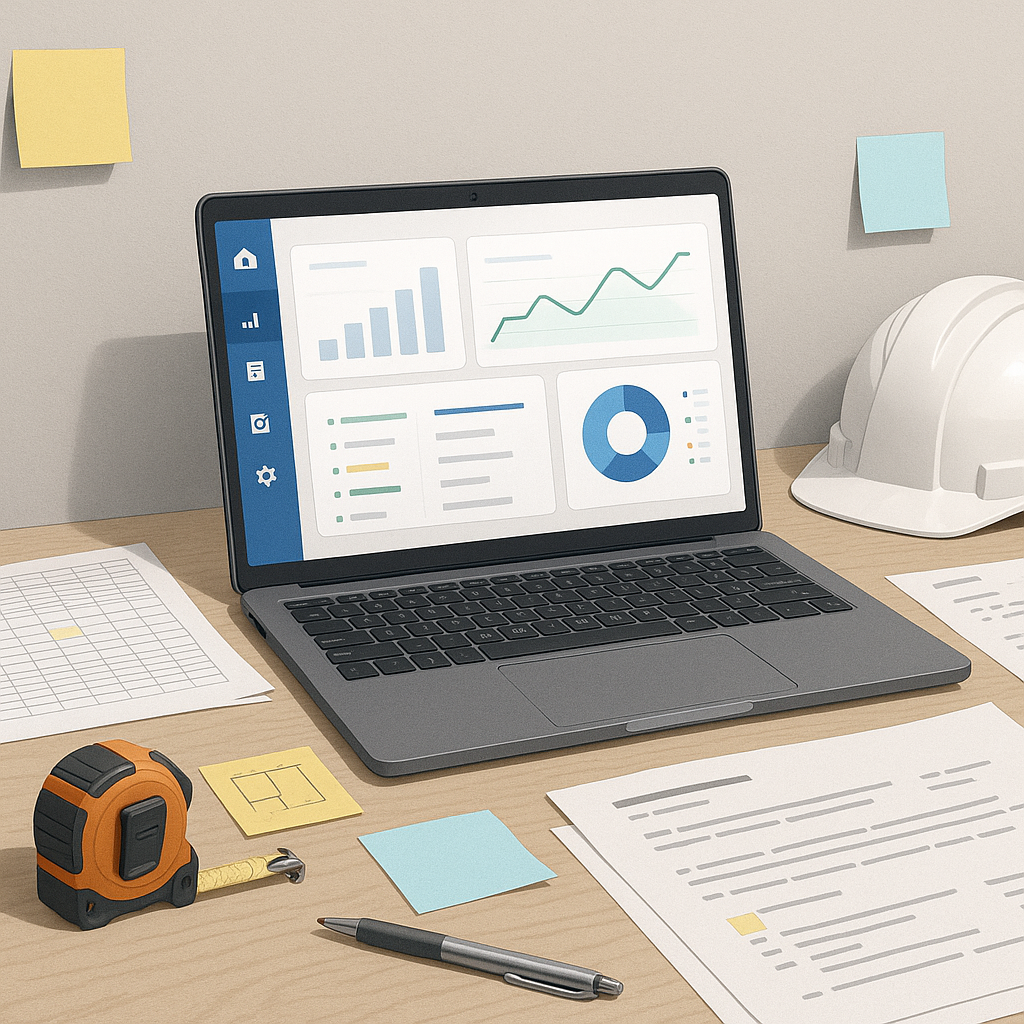 A realistic, detailed illustration of a small construction contractor's site office desk with mismatched tools (Excel sh...