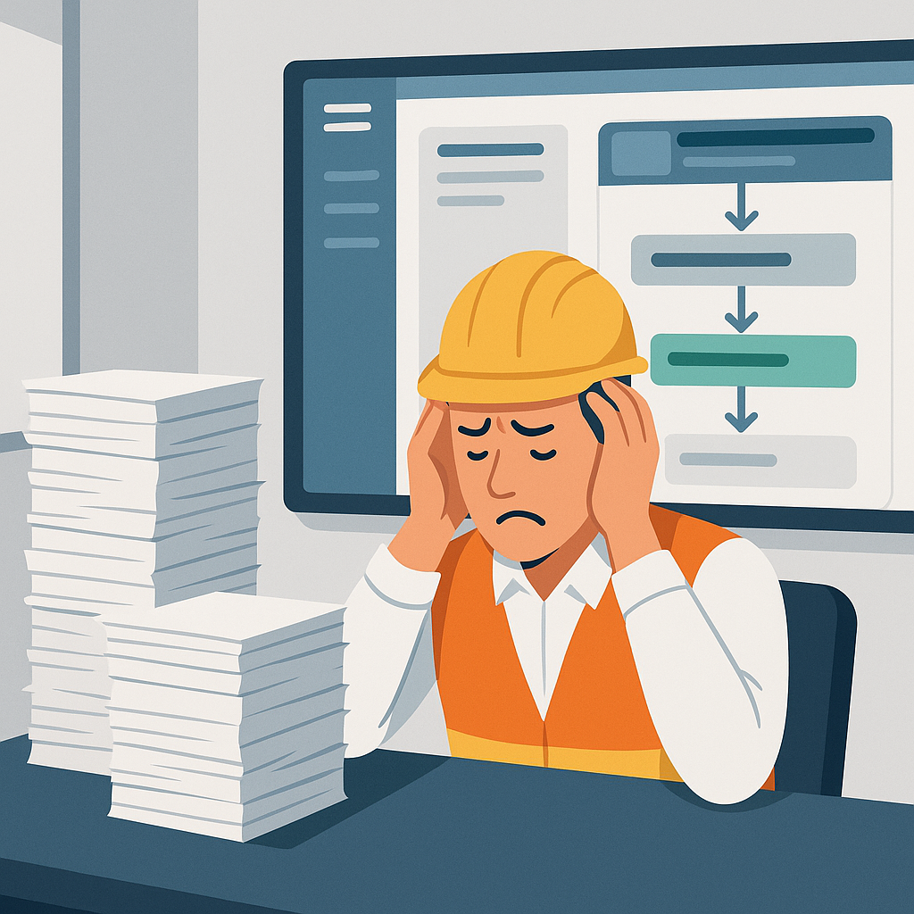 An illustration of a construction site manager frustrated with stacks of paperwork, while a sleek digital dashboard disp...