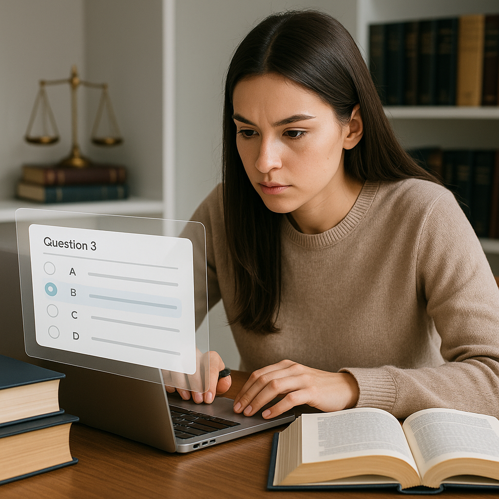 A focused law student studying for an exam with a laptop, surrounded by legal textbooks, with a digital interface showin...
