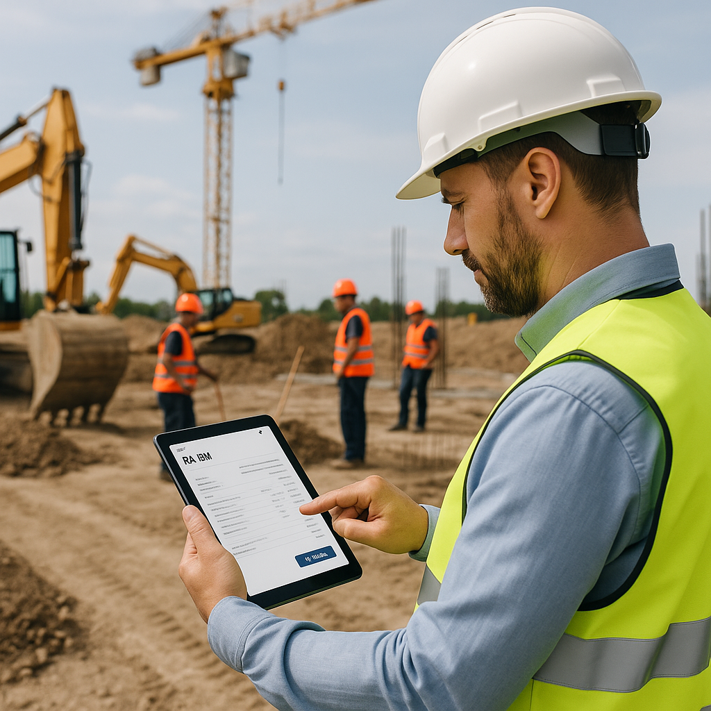 A construction site manager approving a digital RA Bill on a tablet, with workers and equipment visible in the backgroun...