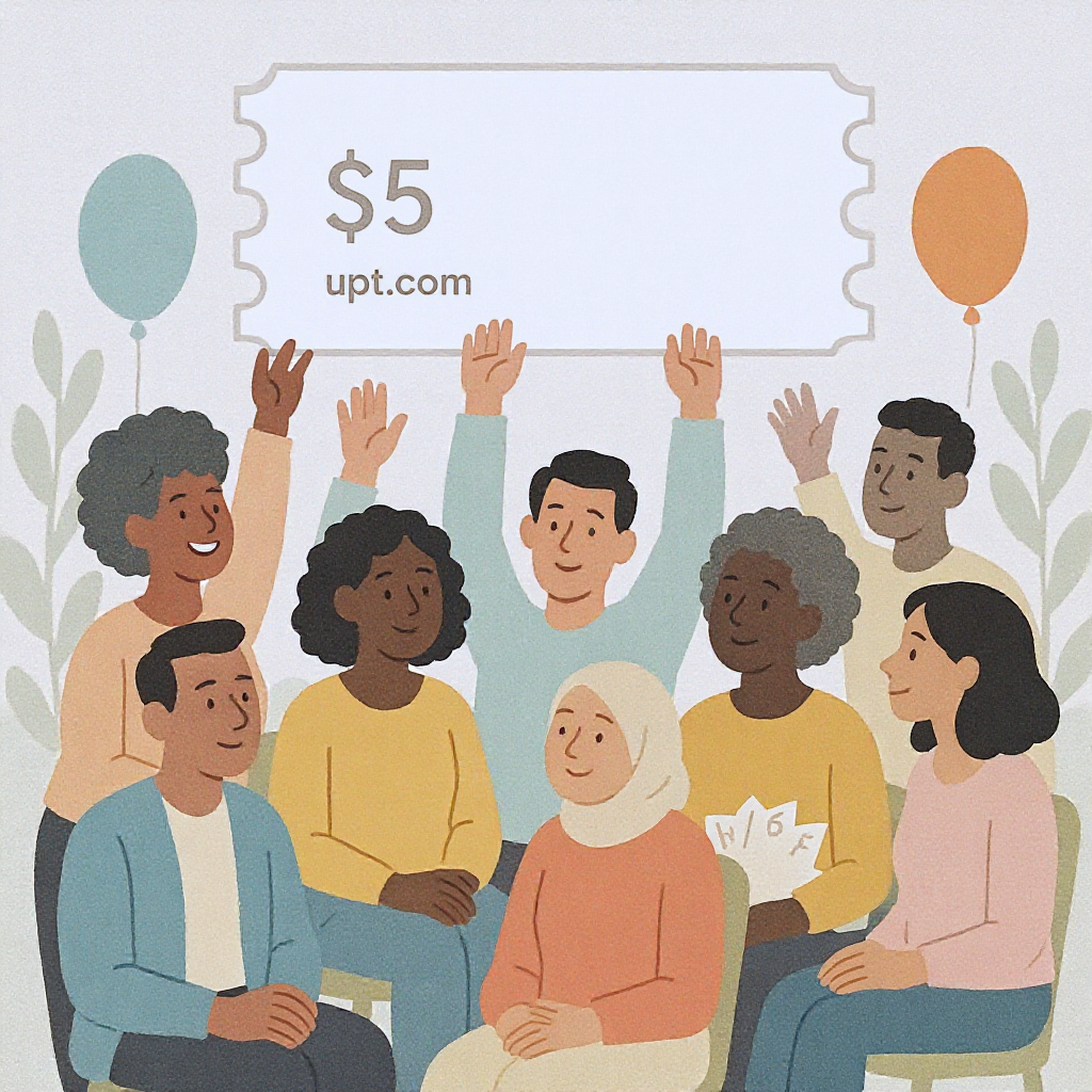 Illustration of a diverse group of people at a community event, with tickets showing different prices (e.g., $5, $15, $2...