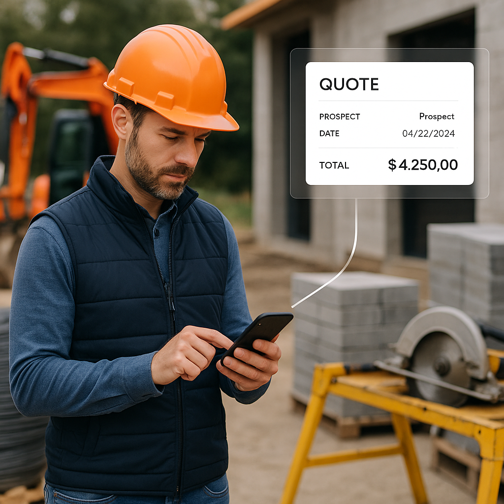 A contractor using a mobile app on-site to add prospect details, surrounded by construction equipment and materials, wit...