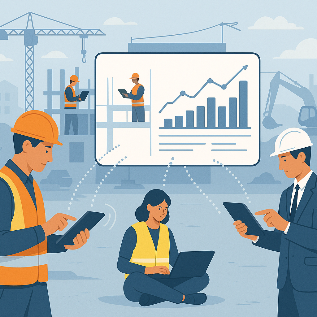 A detailed illustration of a construction project site, with workers and subcontractors using tablets and laptops to upd...