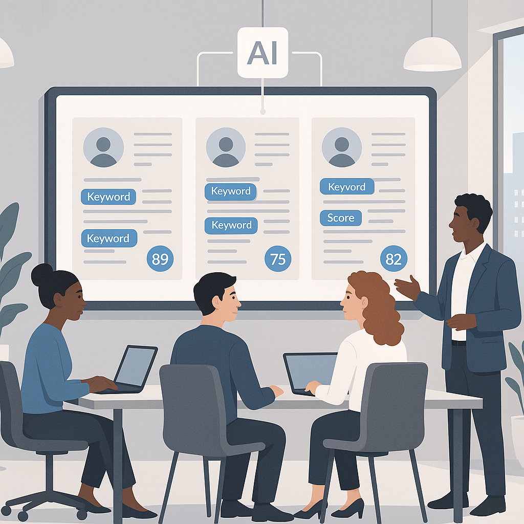 A modern office setting with AI-powered tools analyzing resumes on a large screen, highlighting keywords and scores whil...
