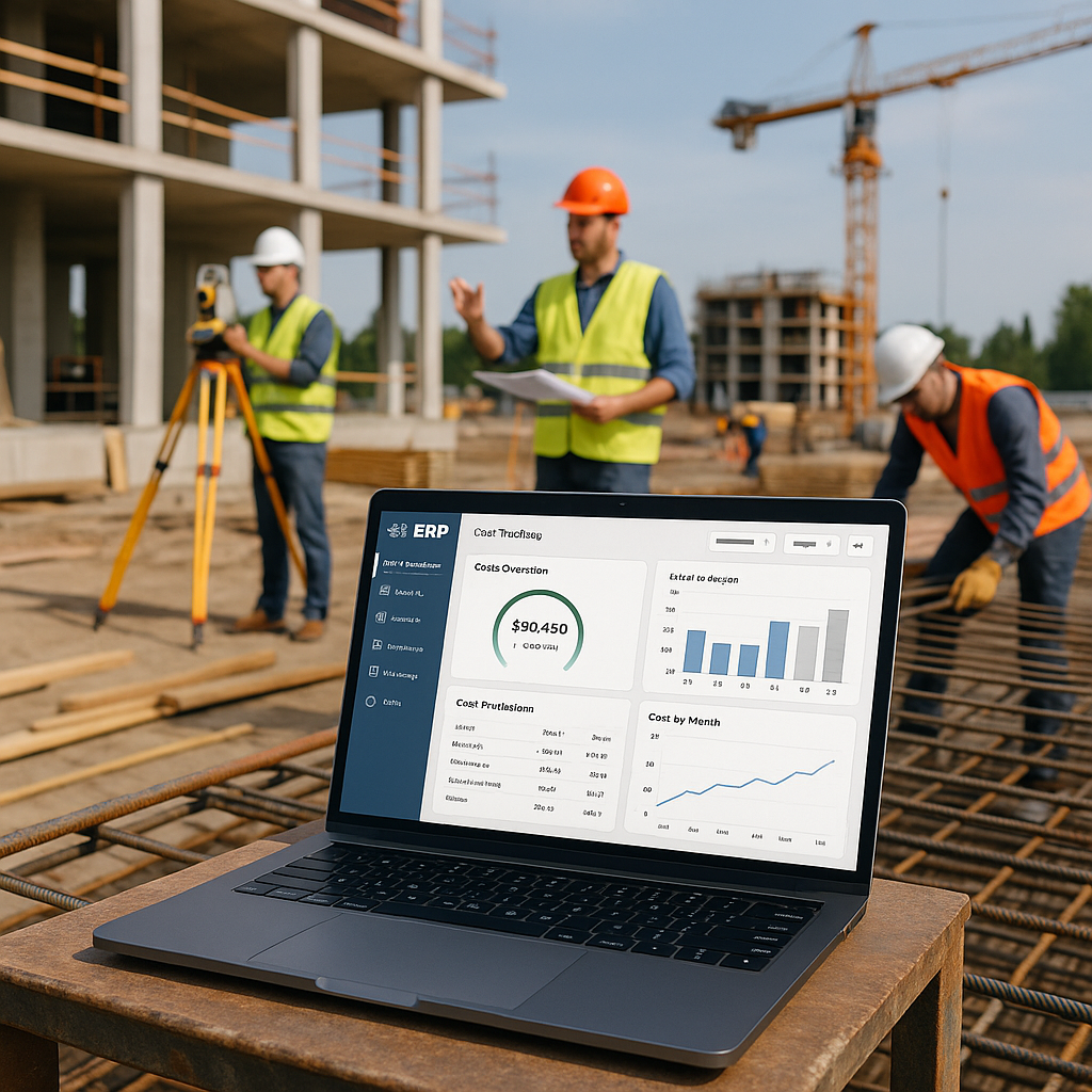 A mid-sized construction site with workers, a laptop displaying ERP software, and a clear focus on real-time cost tracki...