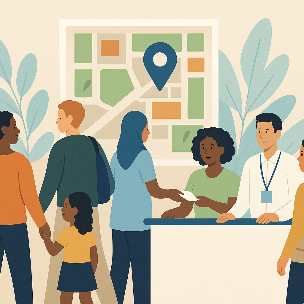 An illustration of a community event with diverse attendees, a clear event map, and volunteers assisting at a check-in d...