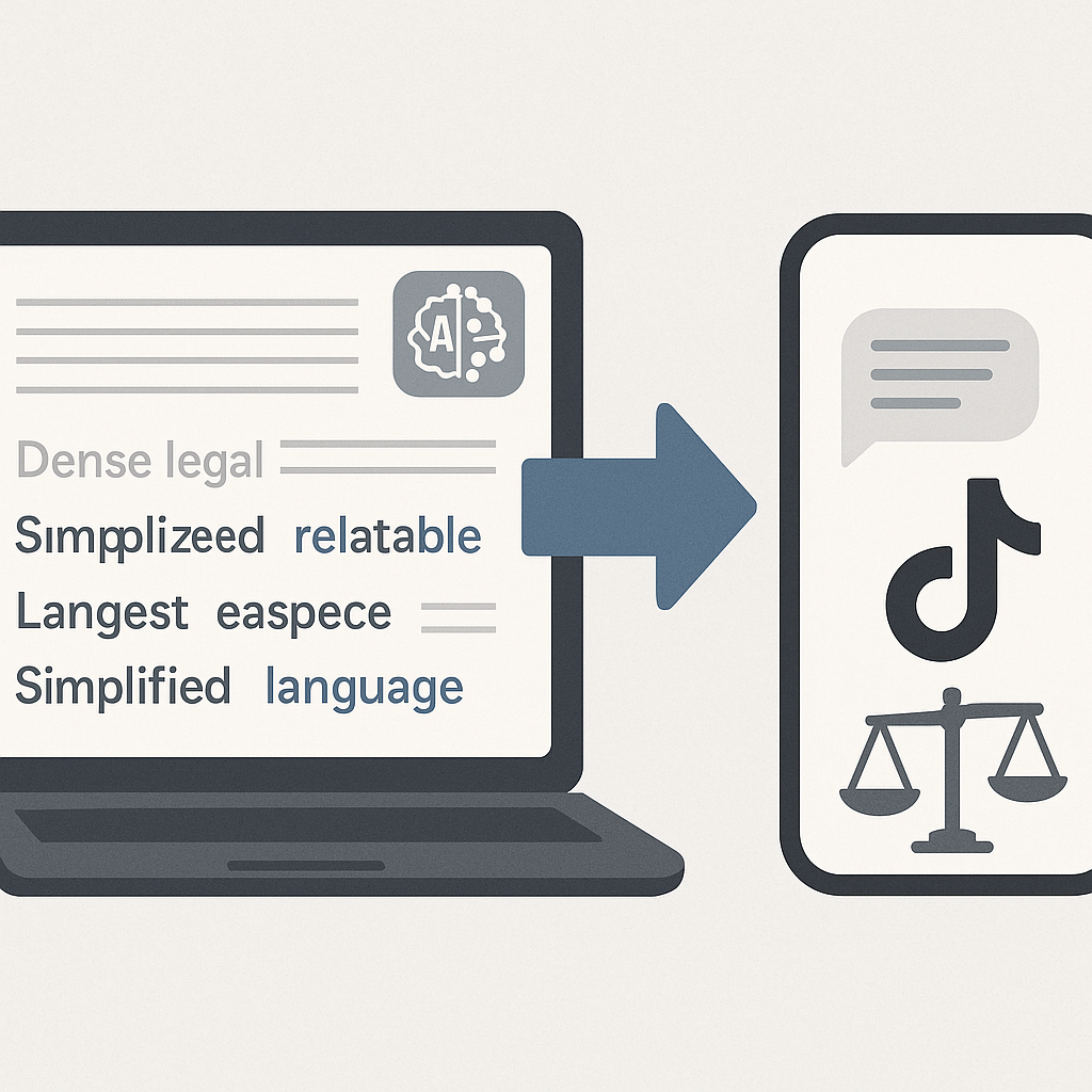 An AI-powered tool translating dense legal text into simple, relatable language, with icons representing Gen Z (smartpho...