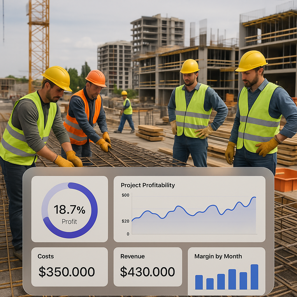 A construction site with workers and materials, overlaid with a digital dashboard showing real-time project profitabilit...