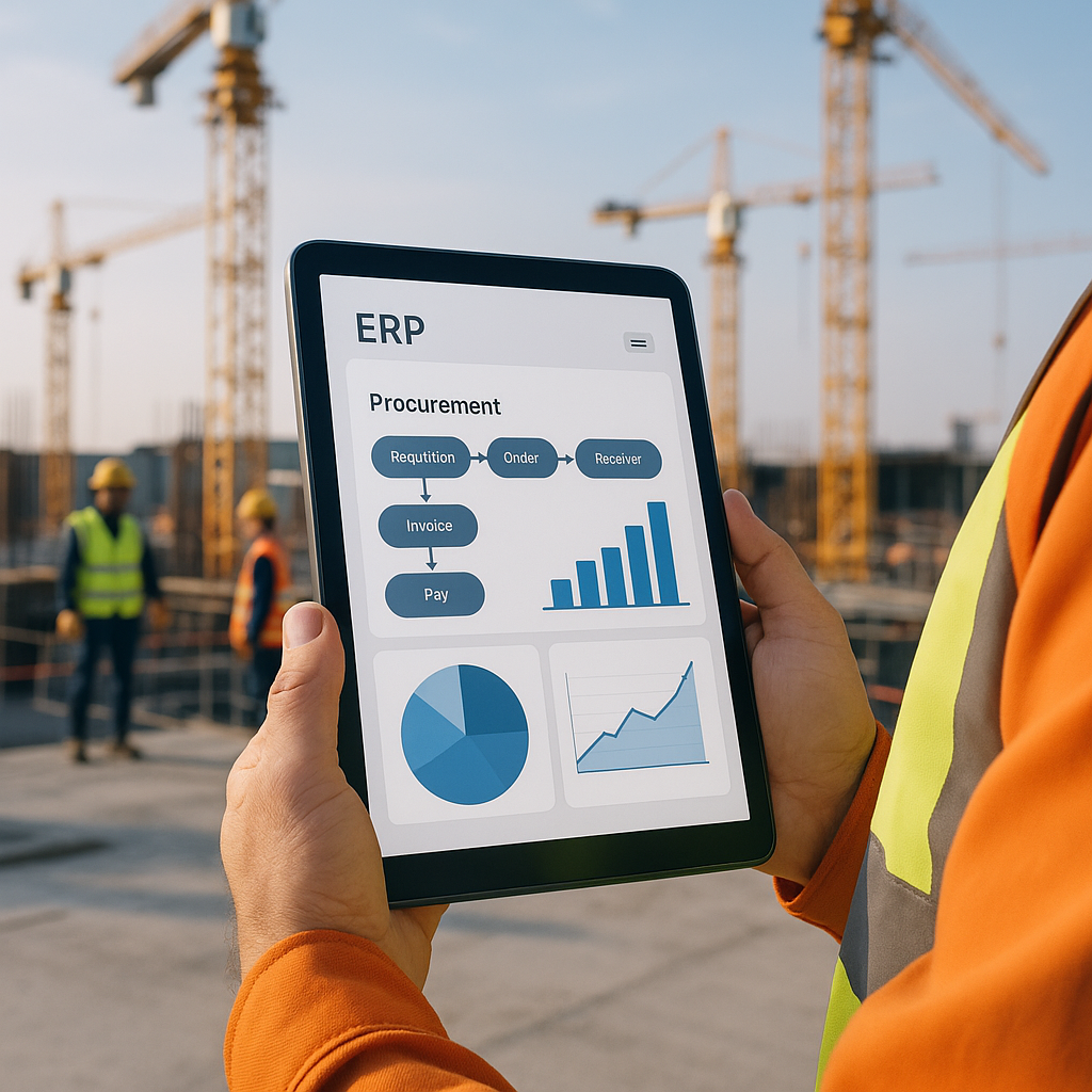 An ERP dashboard on a tablet held by a contractor at a construction site, with visible cranes and workers in safety gear...