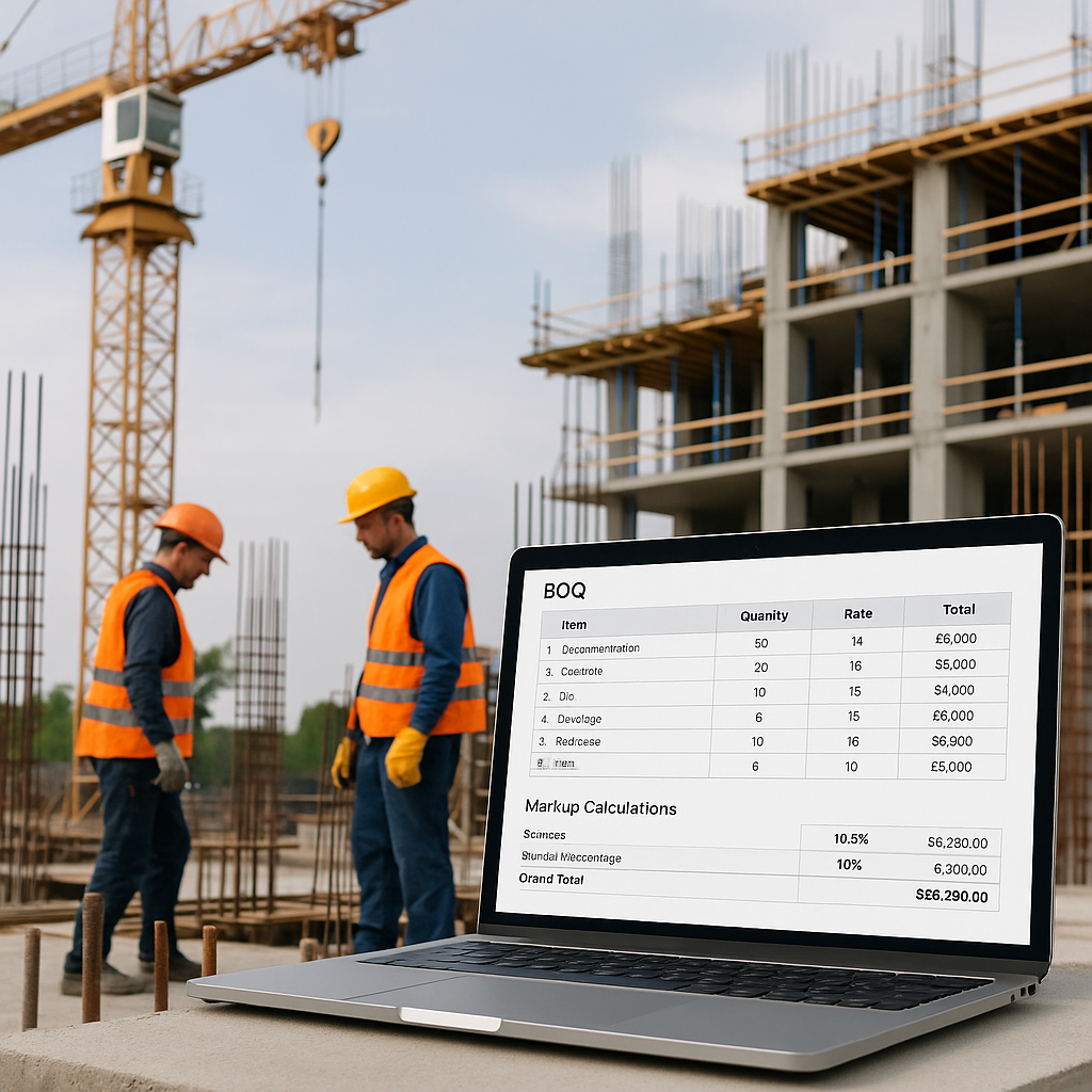 A detailed construction site in progress with a laptop screen showing a BOQ breakdown and markup calculations. Include a...